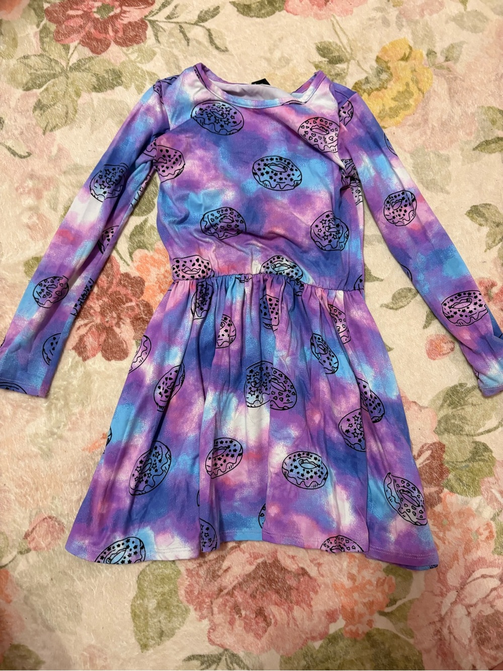 Girls Purple Tie-Dye Donut Print Long Sleeve Dress